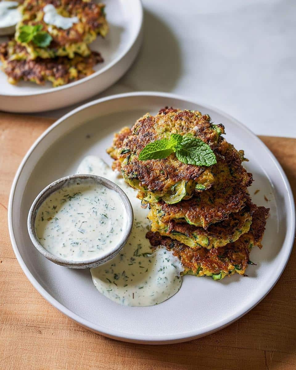 A stack of golden-brown Baked Zucchini Fritters served on a plate with a side of creamy yogurt dip garnished with mint.