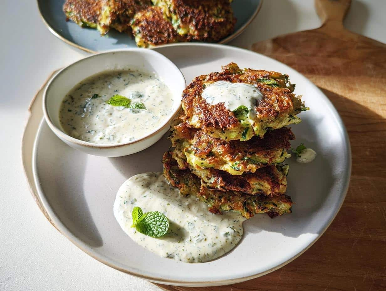 A stack of golden brown Baked Zucchini Fritters served with a side of creamy yogurt dip garnished with mint.