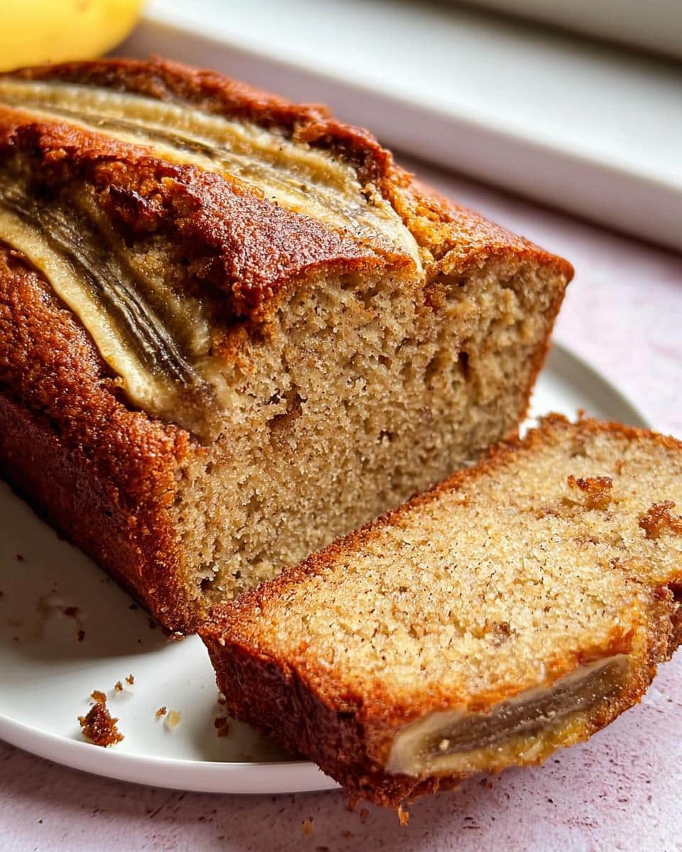 A close-up of a freshly baked loaf of Banana Bread with No Refined Sugar, partially sliced.
