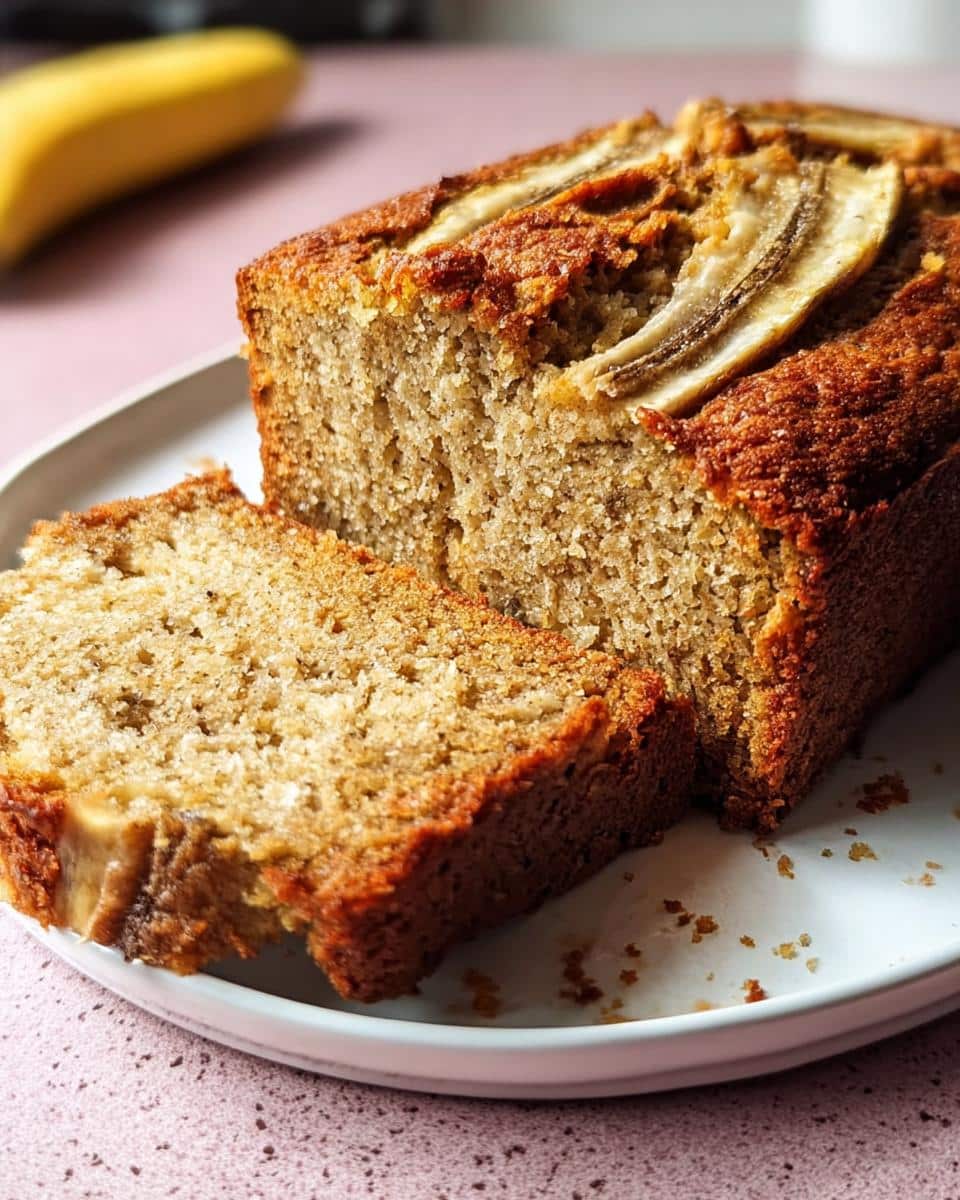 Close-up of freshly baked Banana Bread with No Refined Sugar, showing a slice cut and topped with banana slices.
