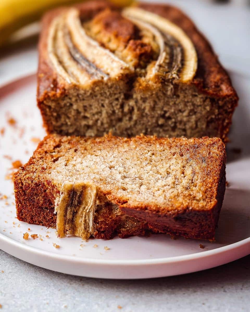 Close-up of a moist slice of Banana Bread with No Refined Sugar, topped with baked banana slices.