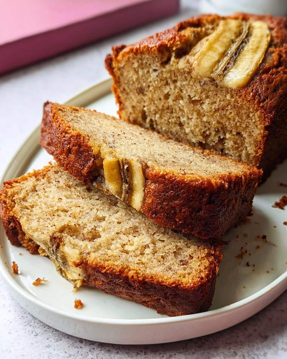 Close-up of moist Banana Bread with No Refined Sugar, featuring two thick slices on a white plate.