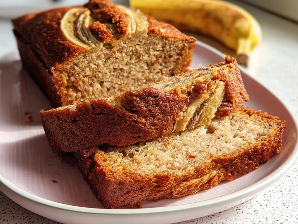 Two slices of moist Banana Bread with No Refined Sugar resting against the main loaf on a pink plate.