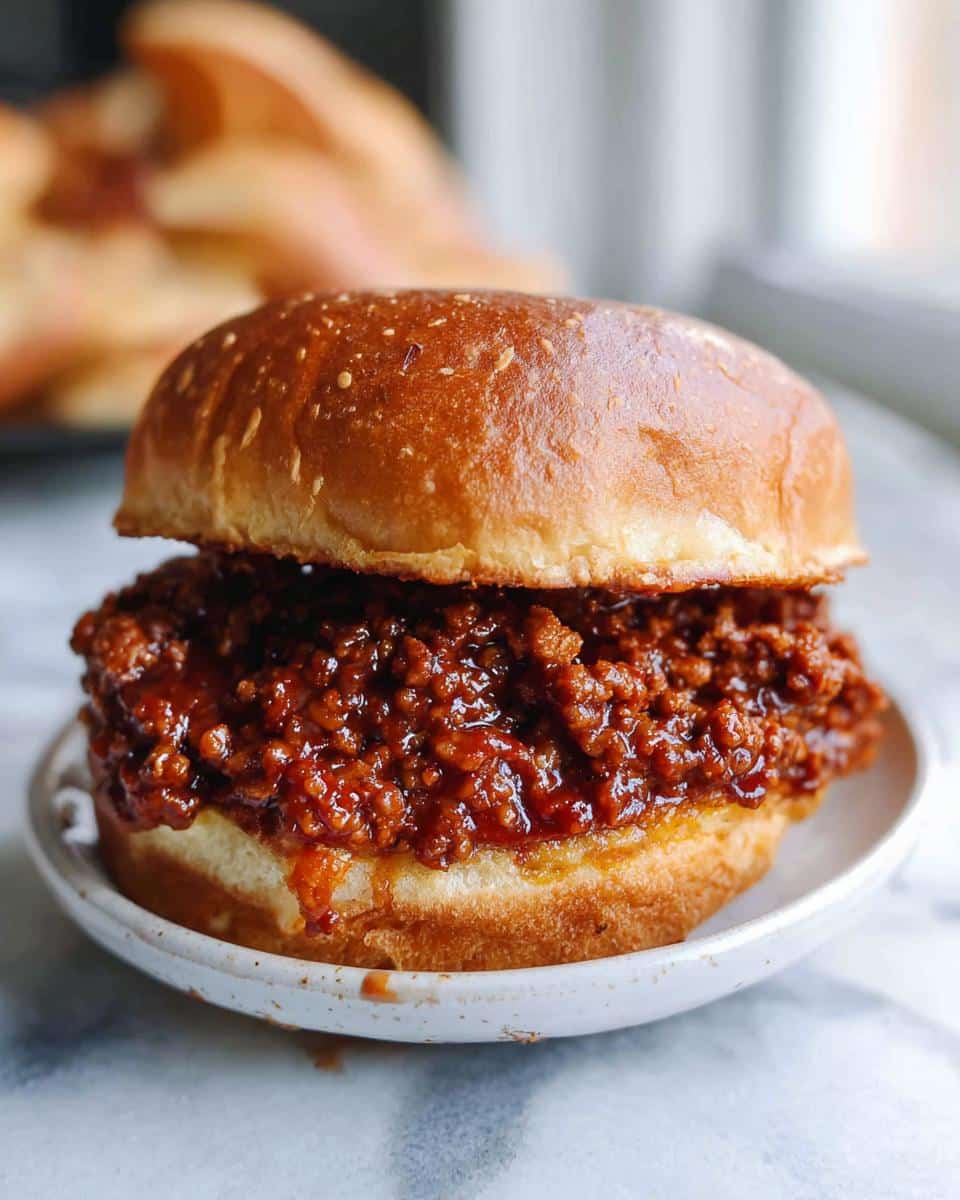 A close-up of a juicy BBQ Beef Sloppy Joes sandwich served on a toasted brioche bun on a small white plate.
