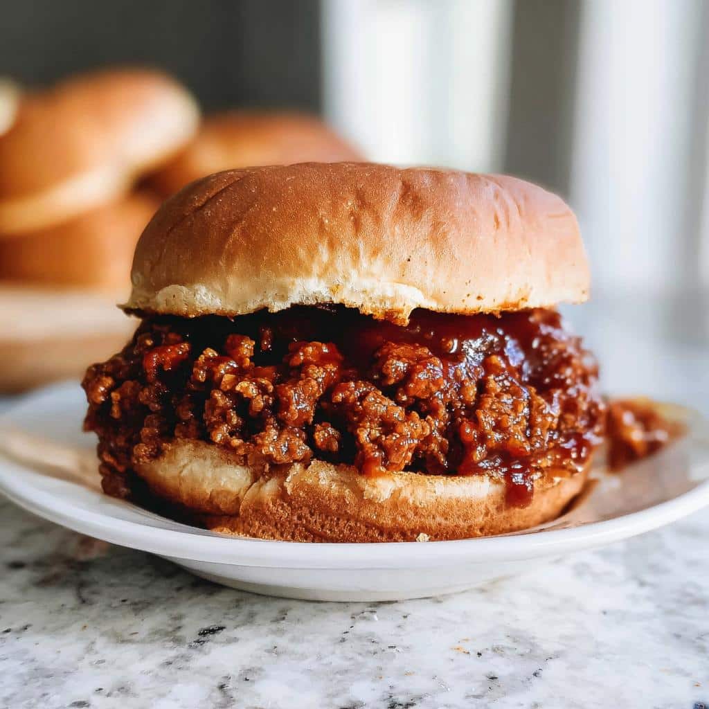 A close-up of a messy, saucy BBQ Beef Sloppy Joes sandwich served on a toasted bun.