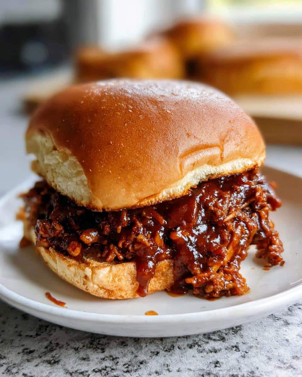 A close-up of a juicy BBQ Beef Sloppy Joes sandwich served on a soft bun, dripping with sauce.