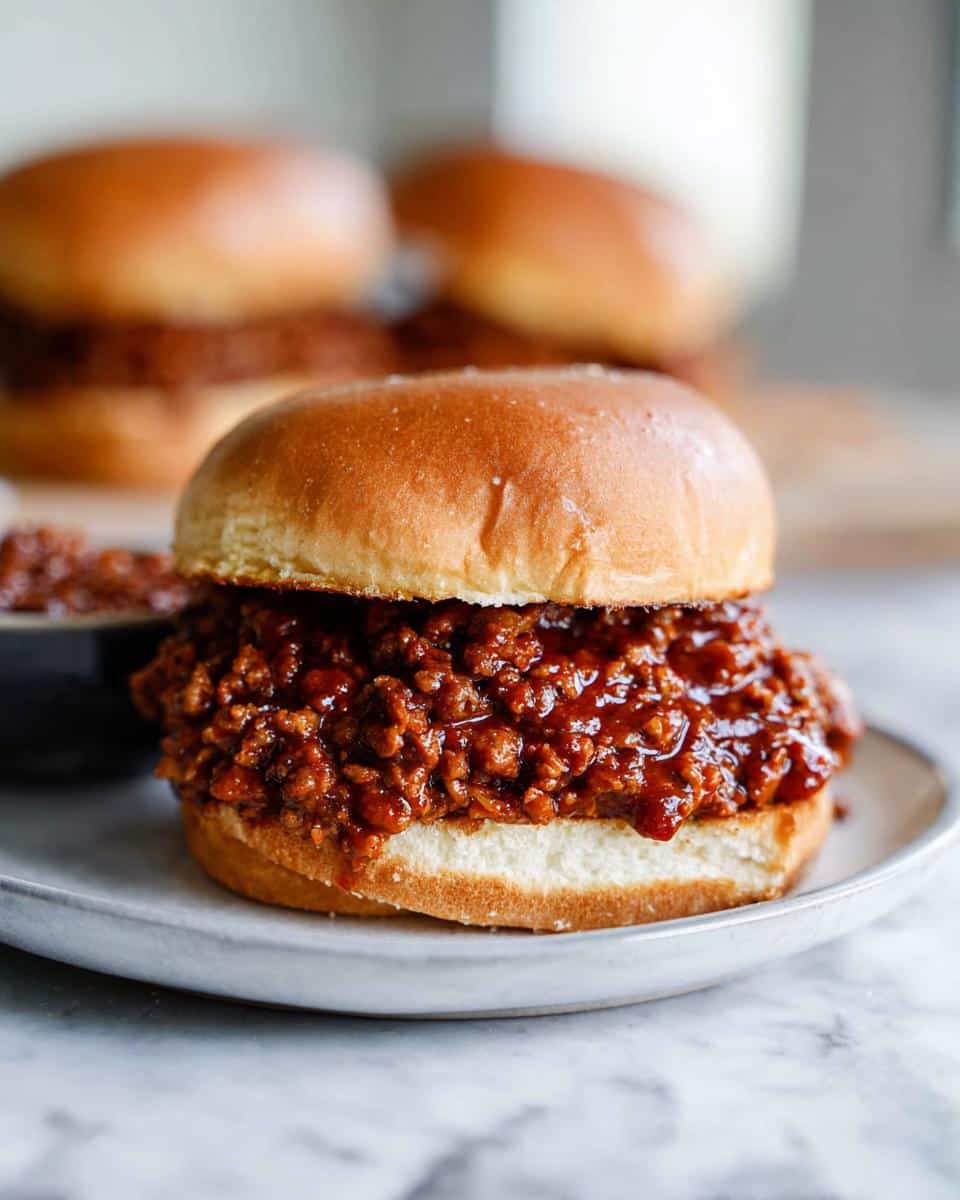 A close-up of a juicy BBQ Beef Sloppy Joes sandwich served on a soft bun, sitting on a light gray plate.