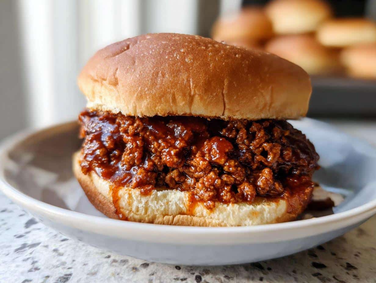 A close-up of a juicy BBQ Beef Sloppy Joes sandwich piled high on a soft bun, served on a light blue plate.