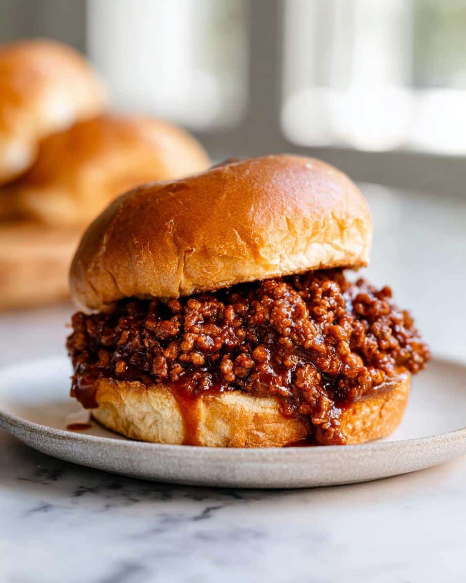 A close-up of a BBQ Beef Sloppy Joe piled high with saucy meat on a toasted bun, sitting on a plate.