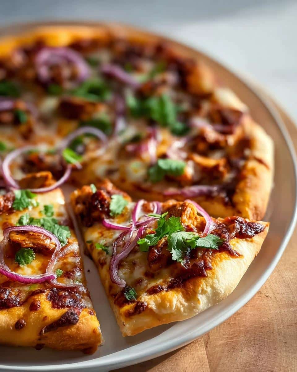 Two slices of freshly baked BBQ Chicken Pizza with red onions and cilantro on a white plate.