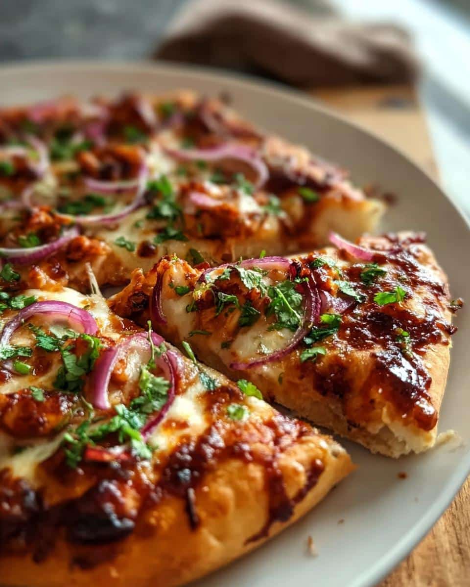 Close-up of sliced BBQ Chicken Pizza with melted cheese, red onions, and fresh cilantro.