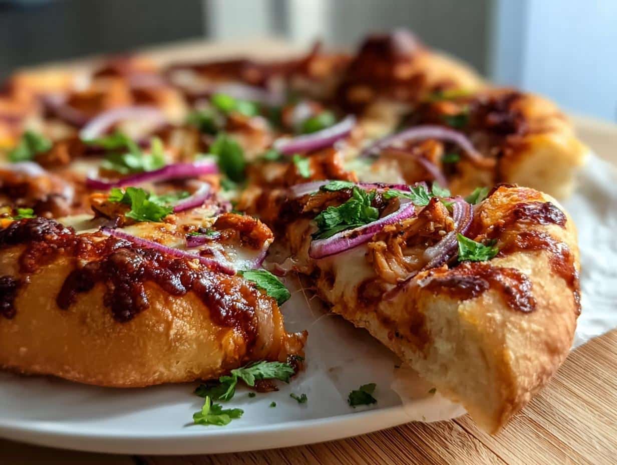 A slice of freshly baked BBQ Chicken Pizza with red onions and cilantro being pulled away from the whole pie.