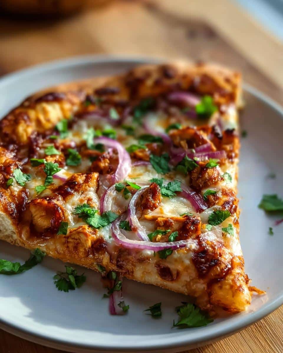 Close-up of a slice of BBQ Chicken Pizza with Red Onions & Cilantro, topped with melted cheese.