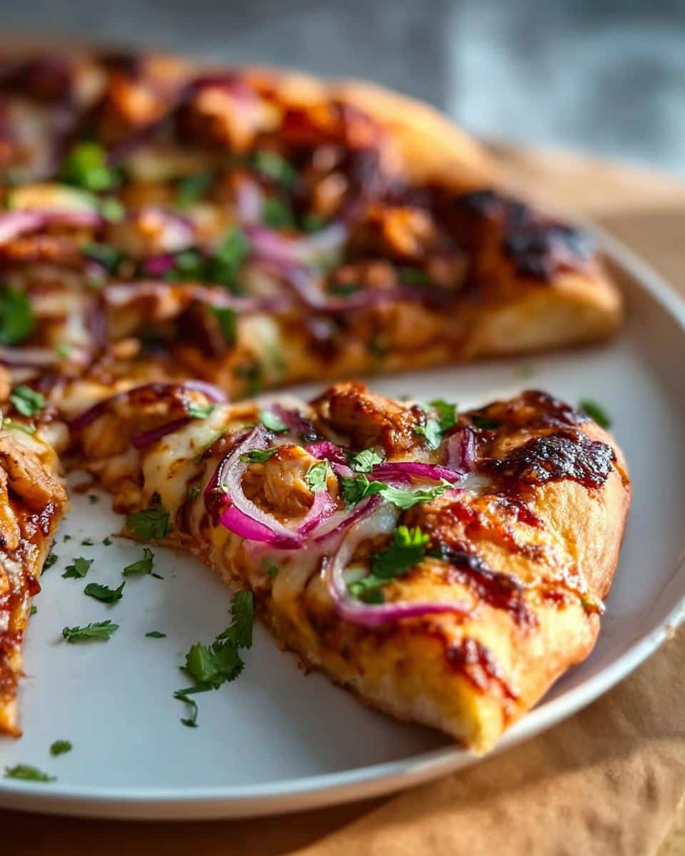 A close-up slice of BBQ Chicken Pizza with Red Onions & Cilantro showing melted cheese and caramelized crust.