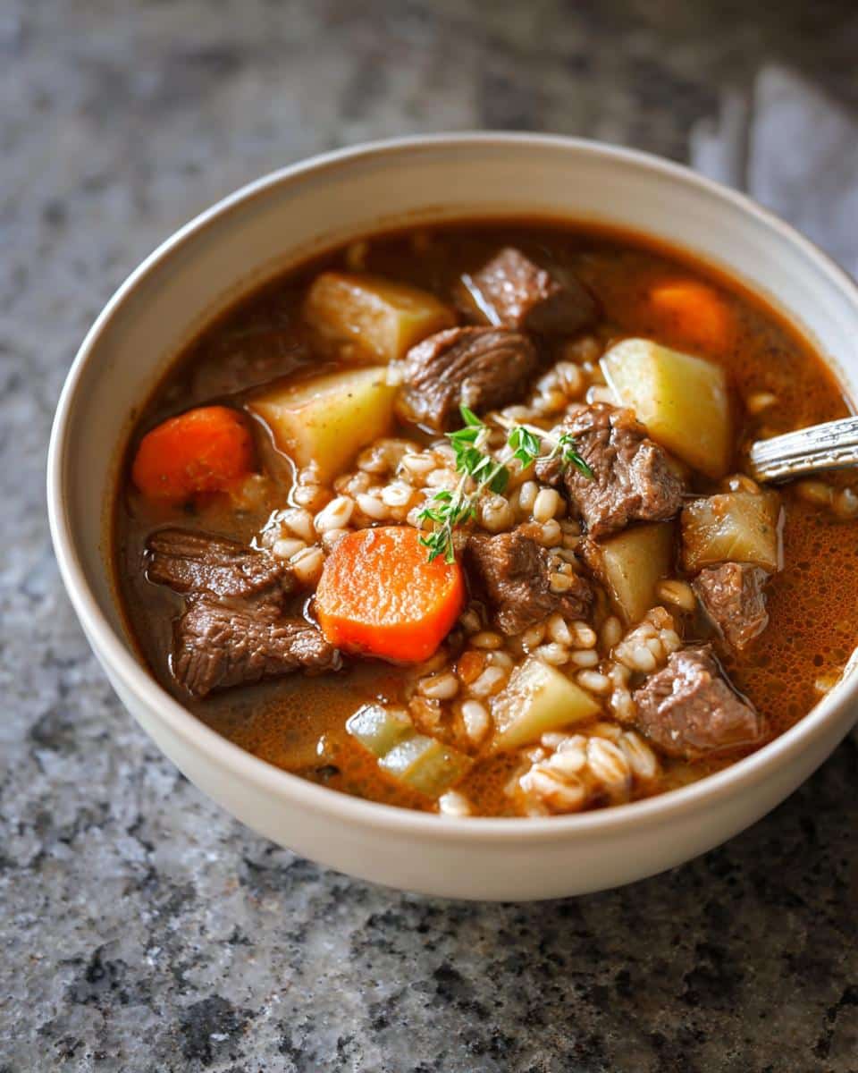 Close-up of a hearty bowl of Beef & Barley Soup with chunks of beef, carrots, potatoes, and barley.