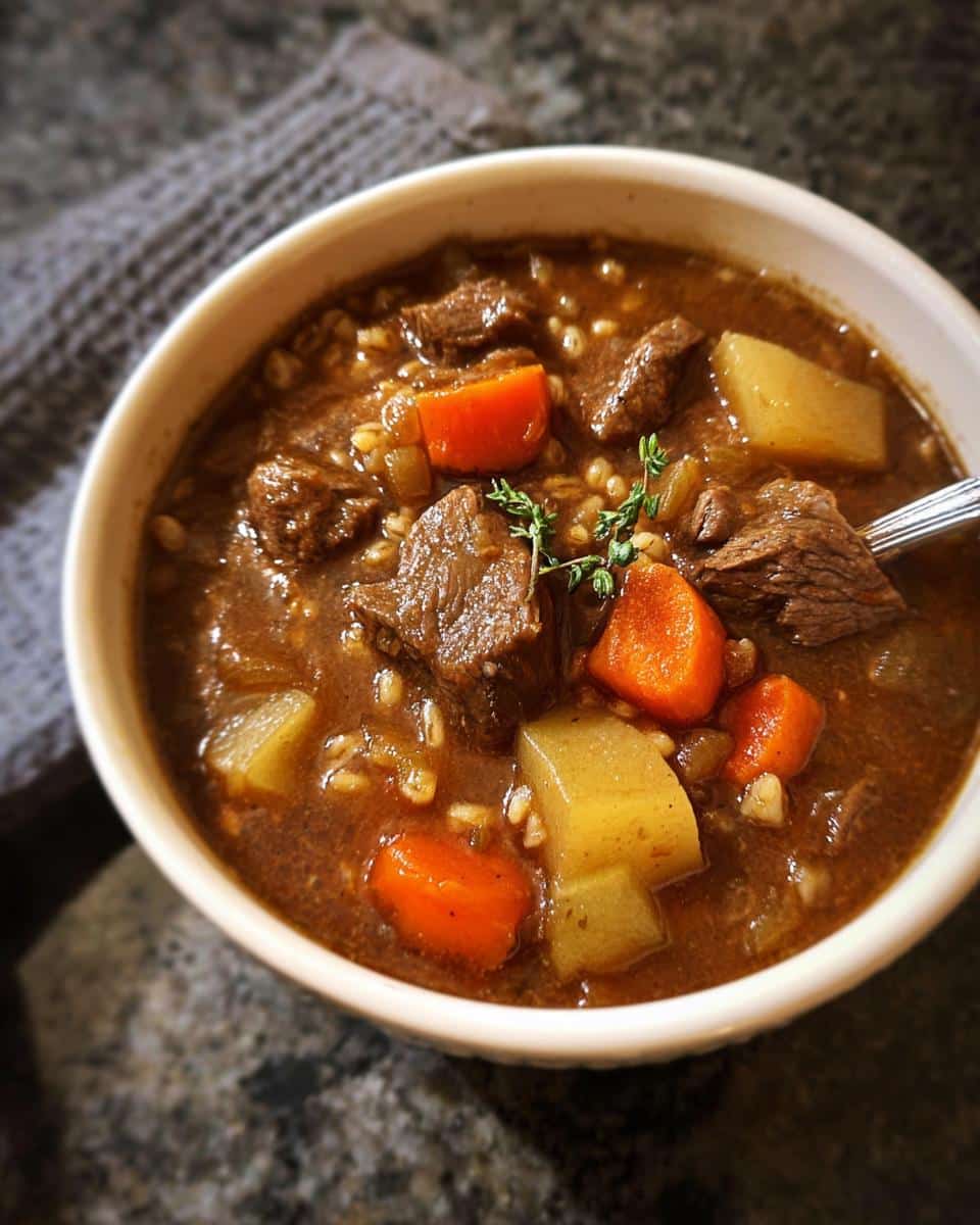Close-up of a rich, dark bowl of Beef & Barley Soup featuring chunks of beef, carrots, potatoes, and barley.