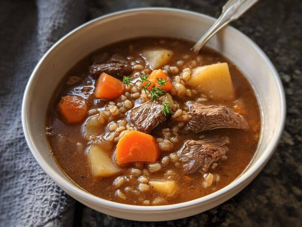 A close-up of a white bowl filled with rich Beef & Barley Soup, featuring chunks of beef, carrots, potatoes, and barley.