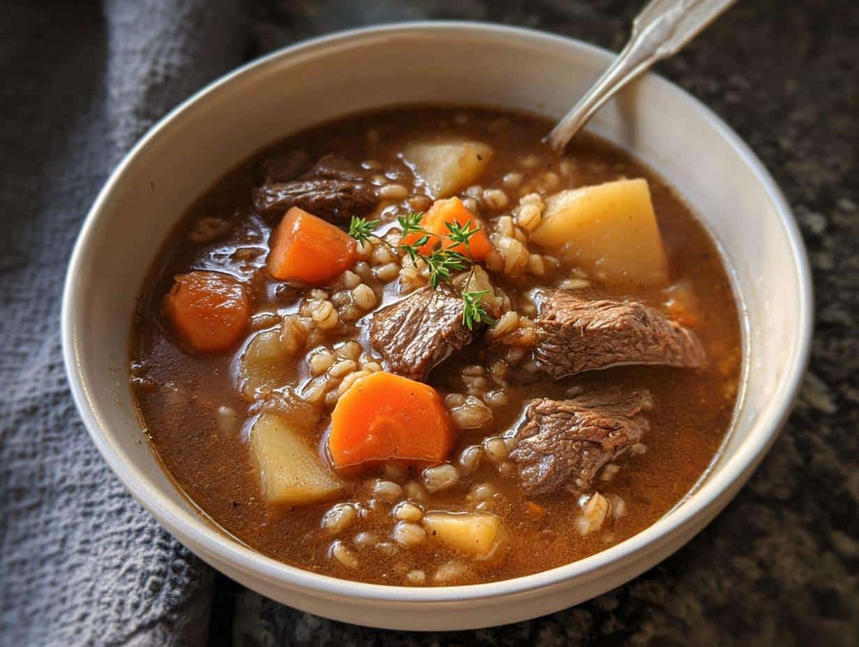 A close-up of a white bowl filled with rich Beef & Barley Soup, featuring chunks of beef, carrots, potatoes, and barley.