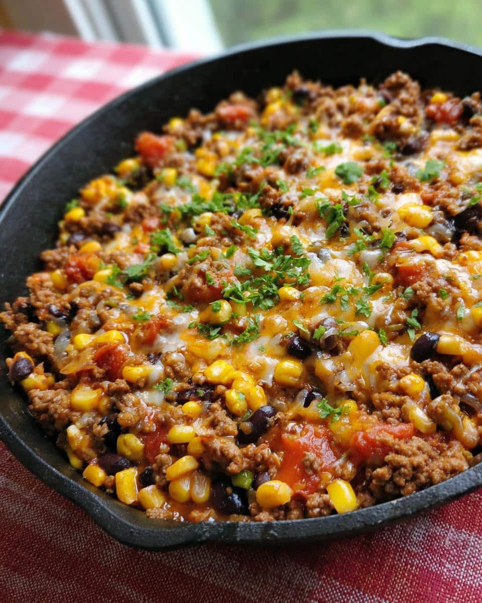 Close-up of a bubbling Beef Taco Skillet with Corn, topped with melted cheese and fresh parsley.