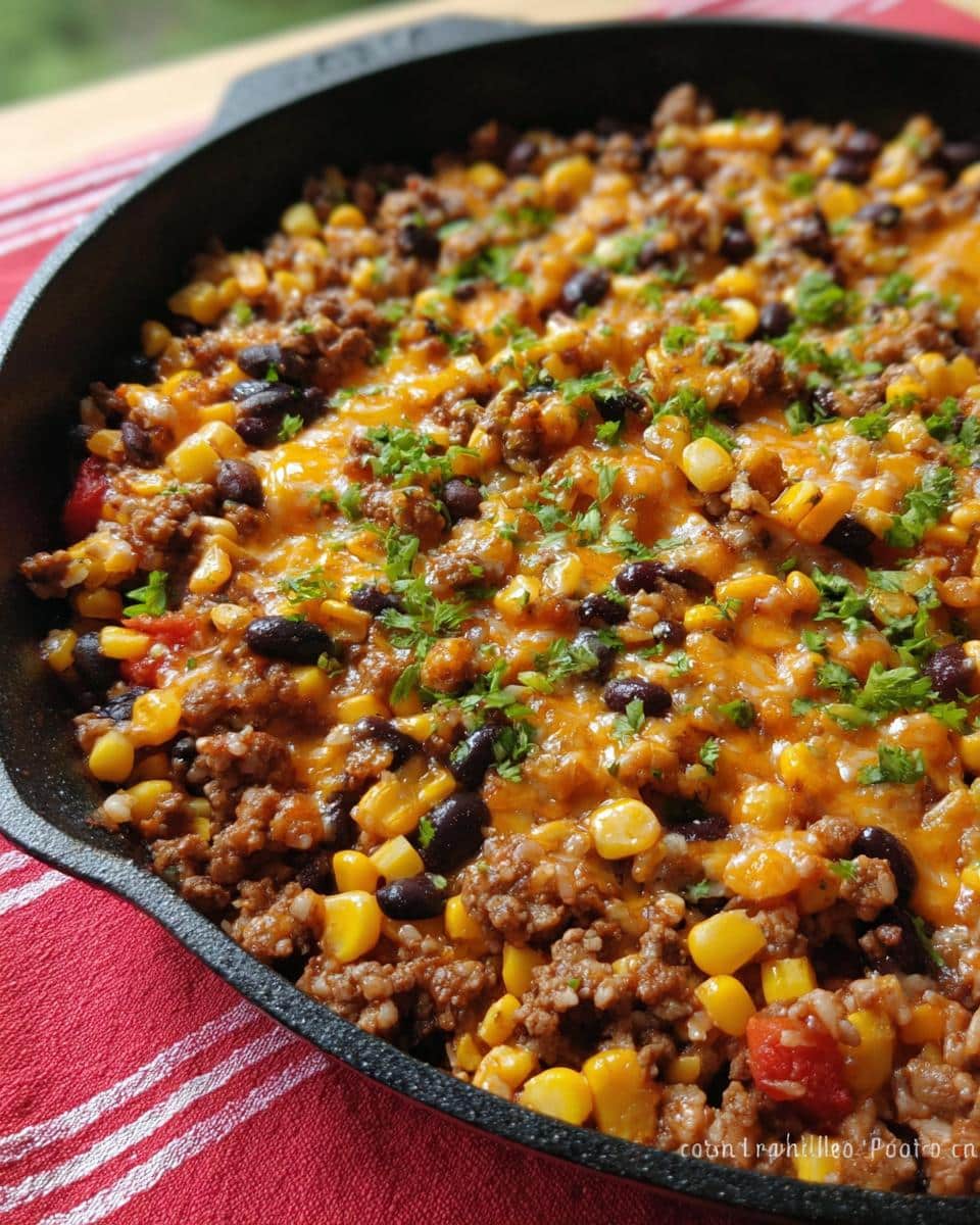 A close-up view of the finished Beef Taco Skillet with Corn, showing ground beef, melted cheese, black beans, and corn in a cast iron pan.