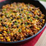 Melted cheese topping a hearty Beef Taco Skillet with Corn and black beans in a cast iron pan.