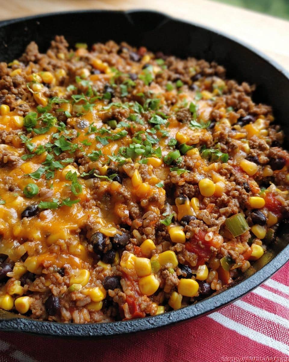 Close-up of a hot Beef Taco Skillet with Corn, black beans, ground beef, and melted cheddar cheese, topped with fresh cilantro.