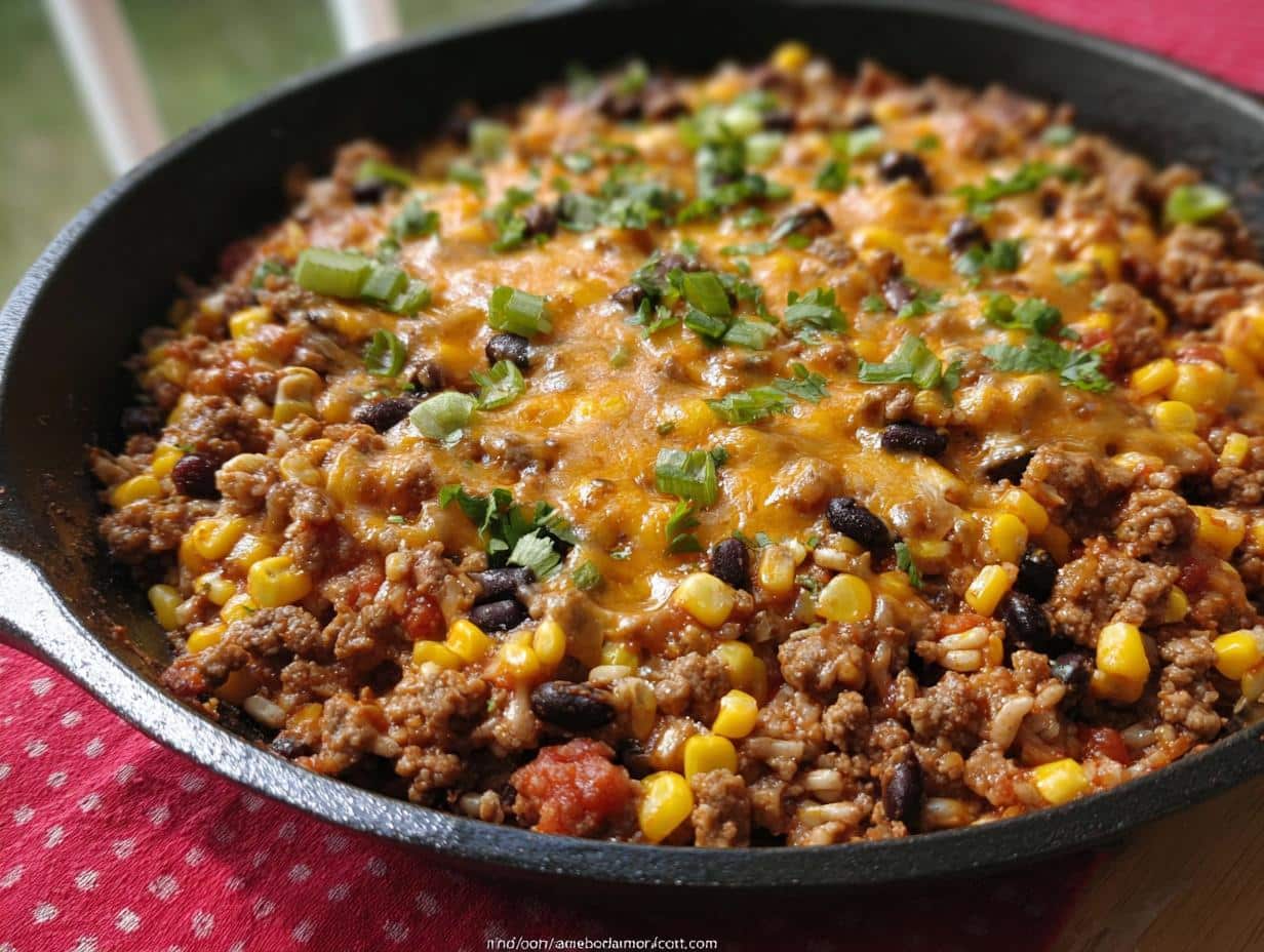 Close-up of the finished Beef Taco Skillet with Corn, topped with melted cheese and green onions.
