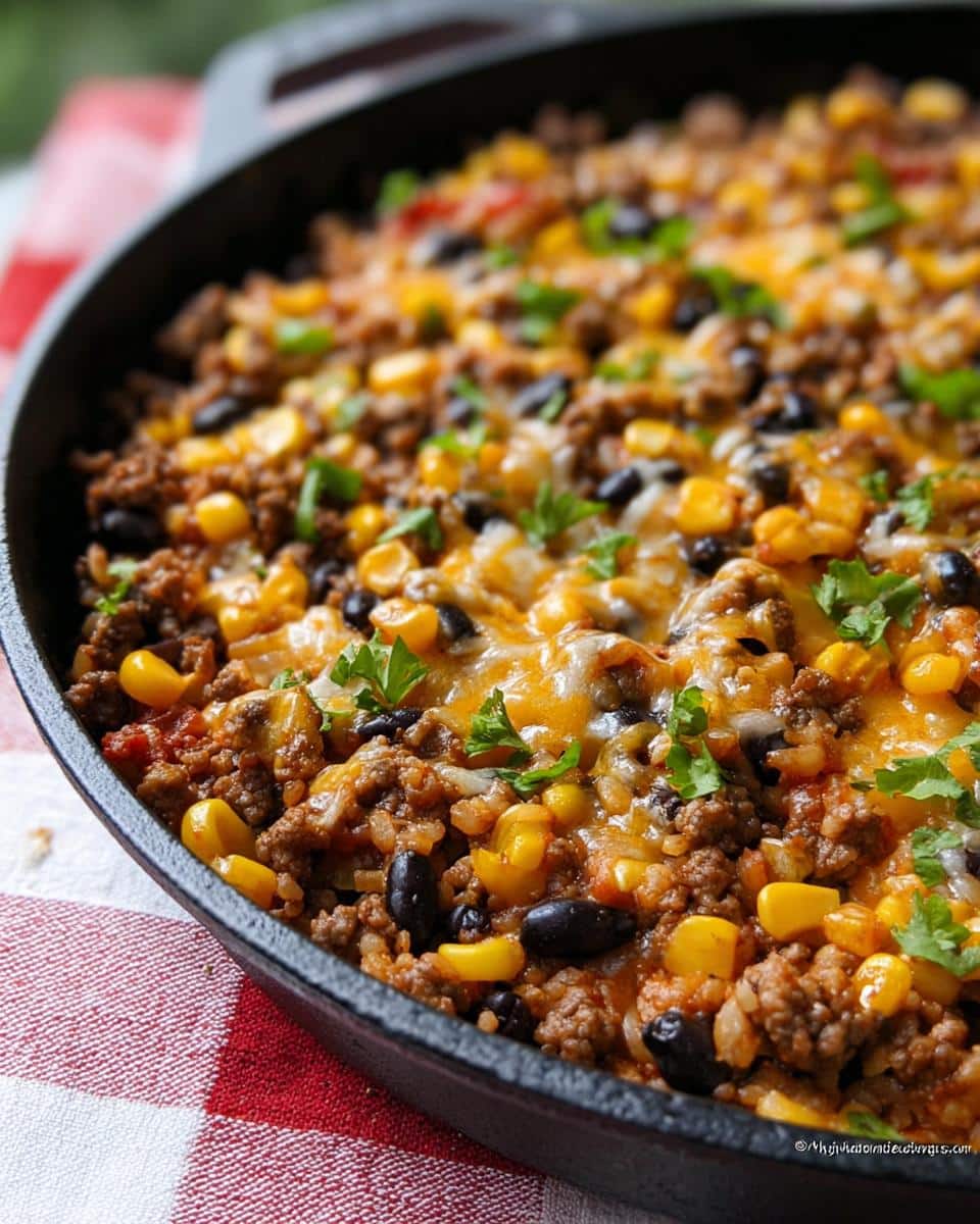 Close-up of melted cheese topping a Beef Taco Skillet with Corn, black beans, and ground beef.