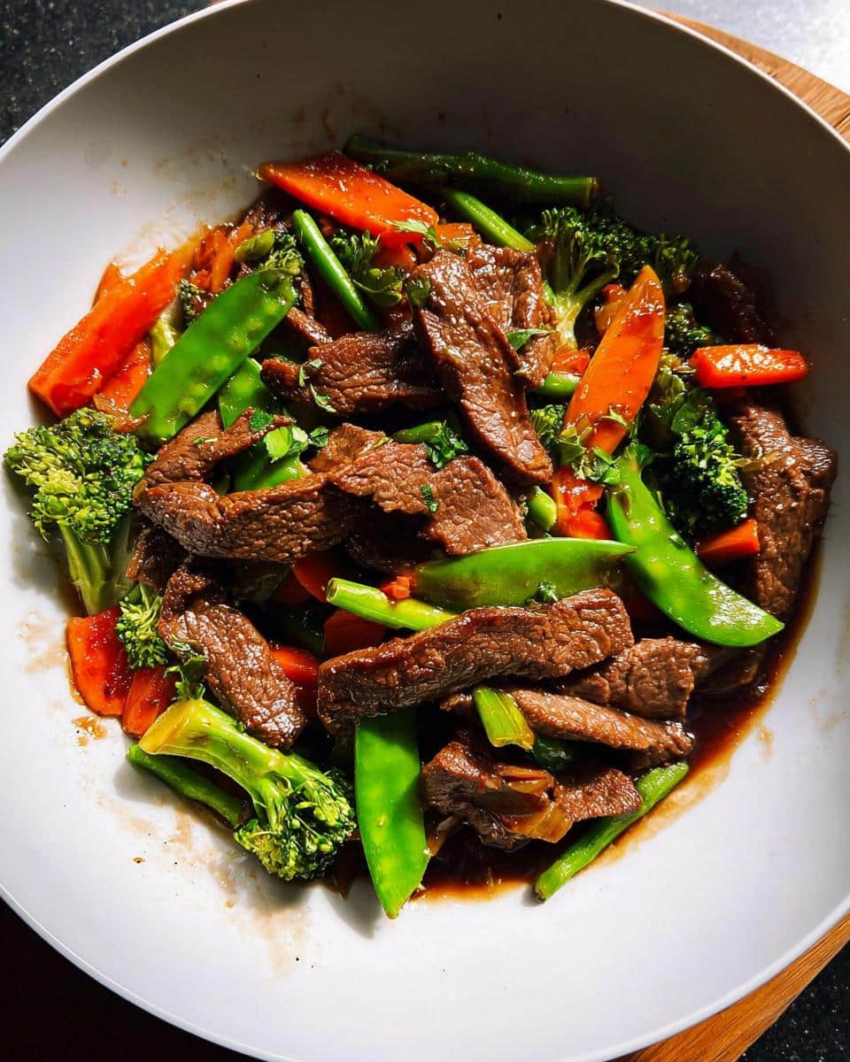 A close-up of Beef & Veggie Stir-Fry with sliced beef, bright green snow peas, broccoli, and carrots in a soy-garlic sauce.
