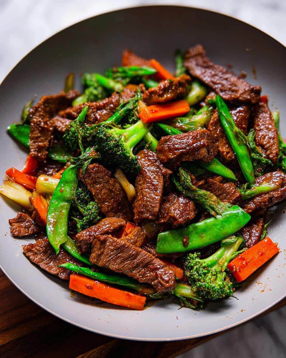 Close-up of vibrant Beef & Veggie Stir-Fry with beef strips, broccoli, carrots, and snow peas coated in soy-garlic sauce.