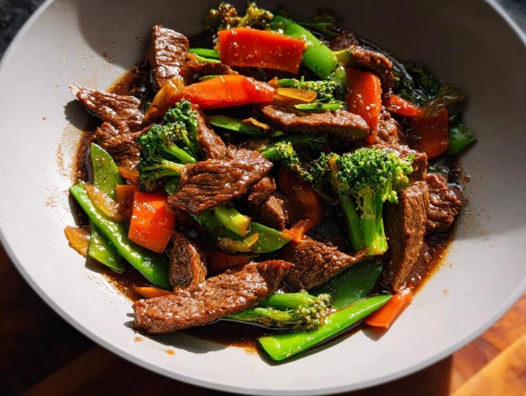 A close-up of vibrant Beef & Veggie Stir-Fry with beef strips, bright green broccoli, snow peas, and carrots in a dark soy-garlic sauce.