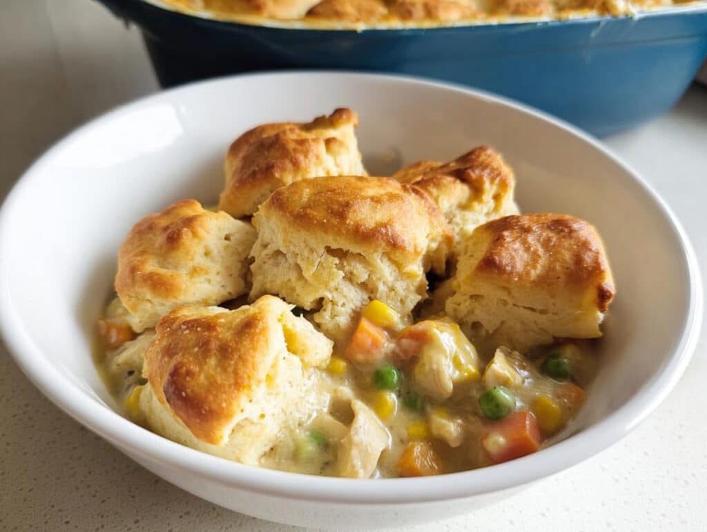 A white bowl filled with creamy chicken and vegetable stew topped with golden brown biscuits, representing Biscuit-Topped Crockpot Chicken Pot Pie.