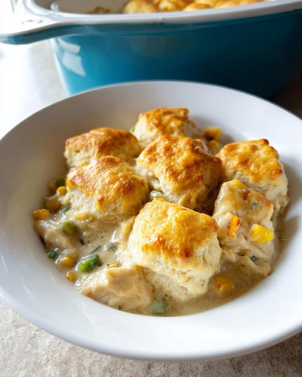 A white bowl filled with creamy Biscuit-Topped Crockpot Chicken Pot Pie, featuring golden biscuits over chicken and mixed vegetables.