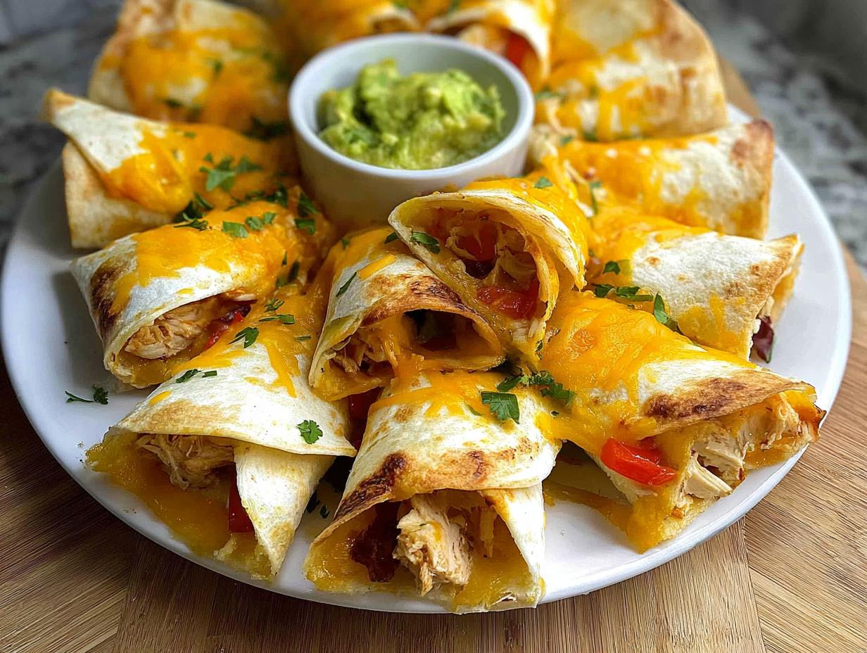 Close-up of slices from a Blooming Quesadilla Ring - Gluten Free, filled with chicken and topped with melted cheddar cheese and parsley.