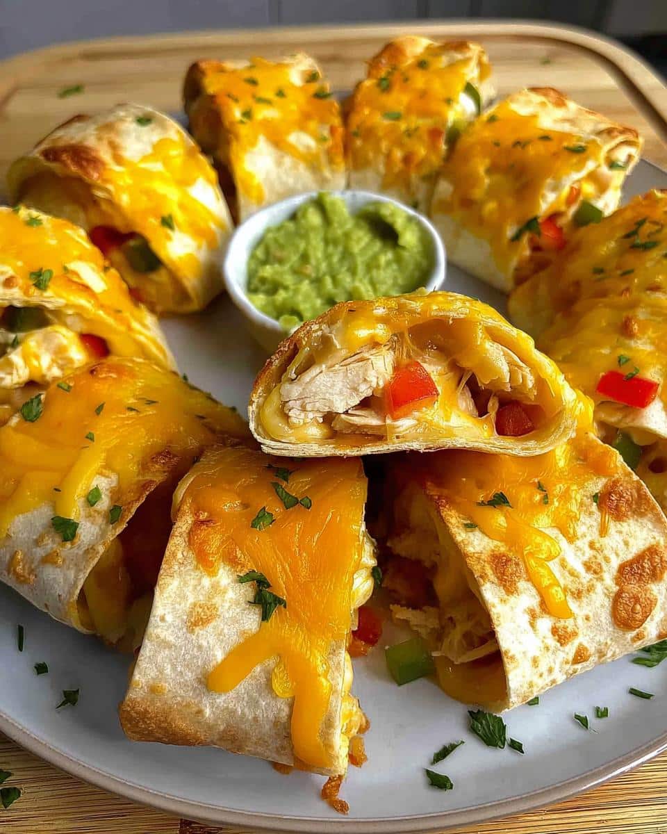 Slices of a cheesy, baked Blooming Quesadilla Ring, cut open to show chicken and peppers, served with a side of guacamole.