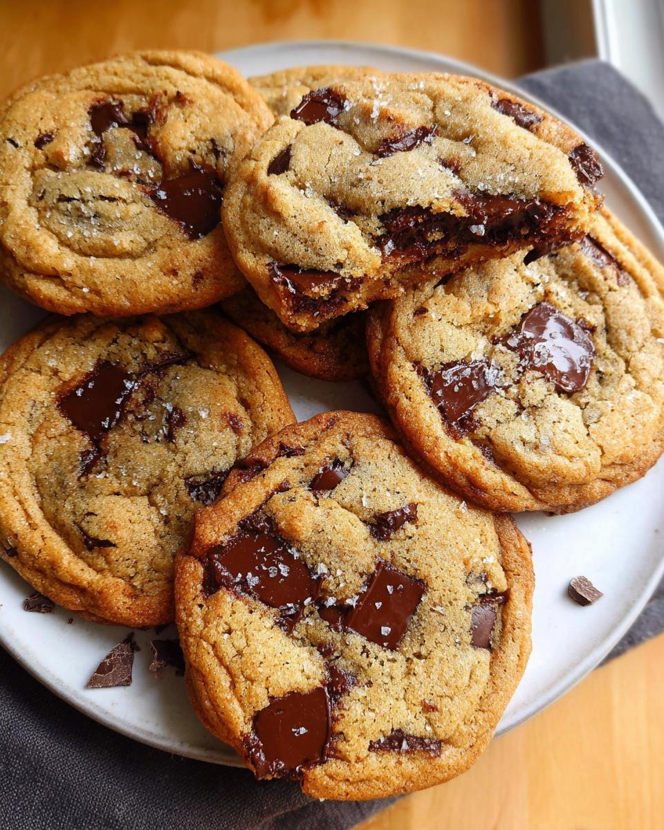 A pile of gooey Brown Butter Chocolate Chip Cookies topped with flaky sea salt, one cookie broken open.