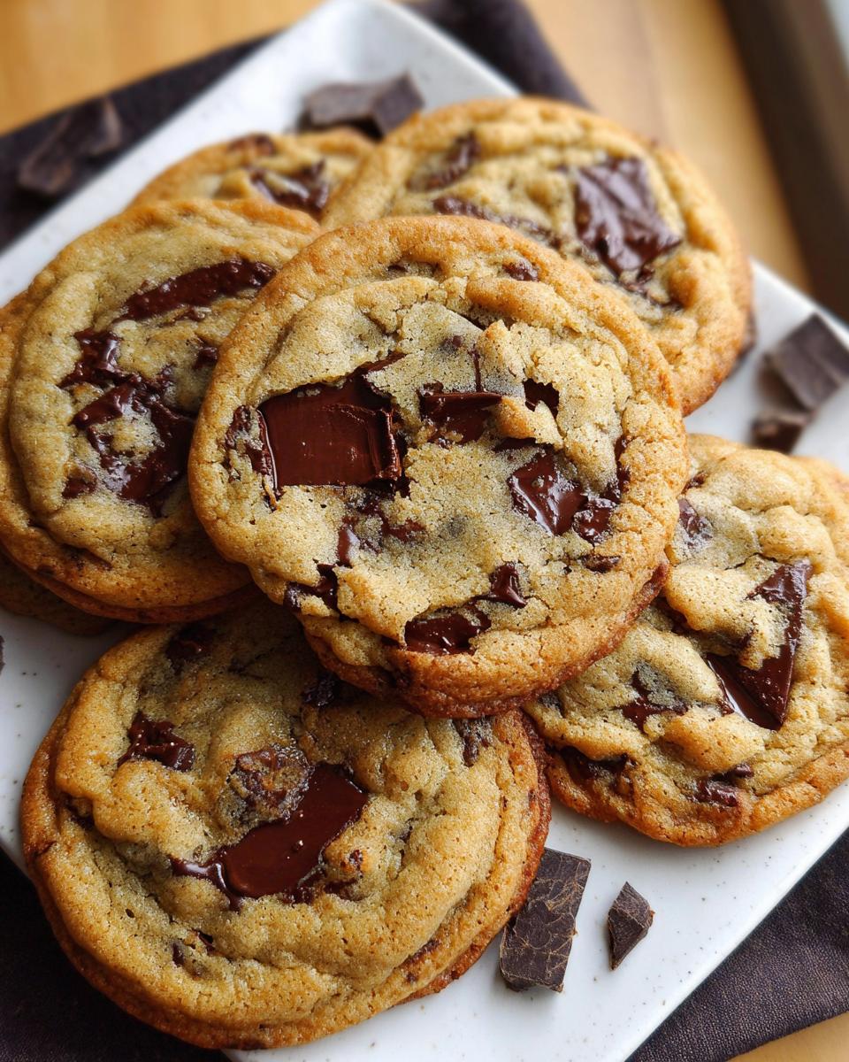 A stack of freshly baked Brown Butter Chocolate Chip Cookies with melted chocolate chunks on a white plate.