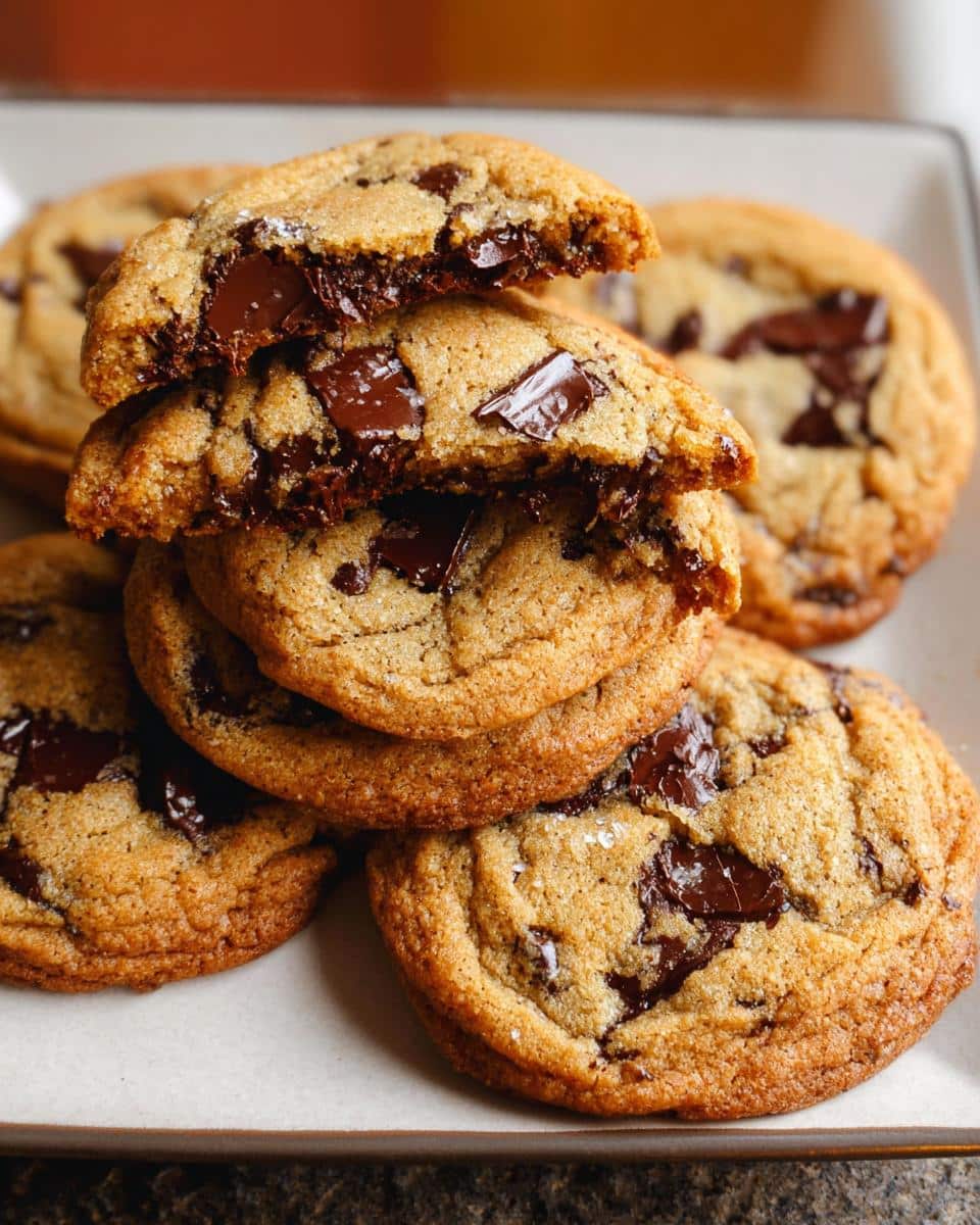 Stack of chewy Brown Butter Chocolate Chip Cookies, one broken open showing melted chocolate chunks.