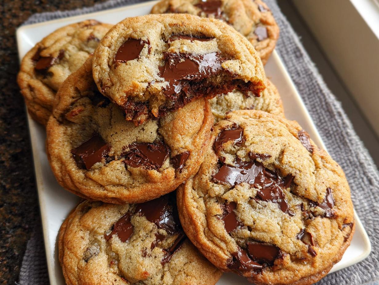 A stack of freshly baked Brown Butter Chocolate Chip Cookies with gooey, melted chocolate chunks.