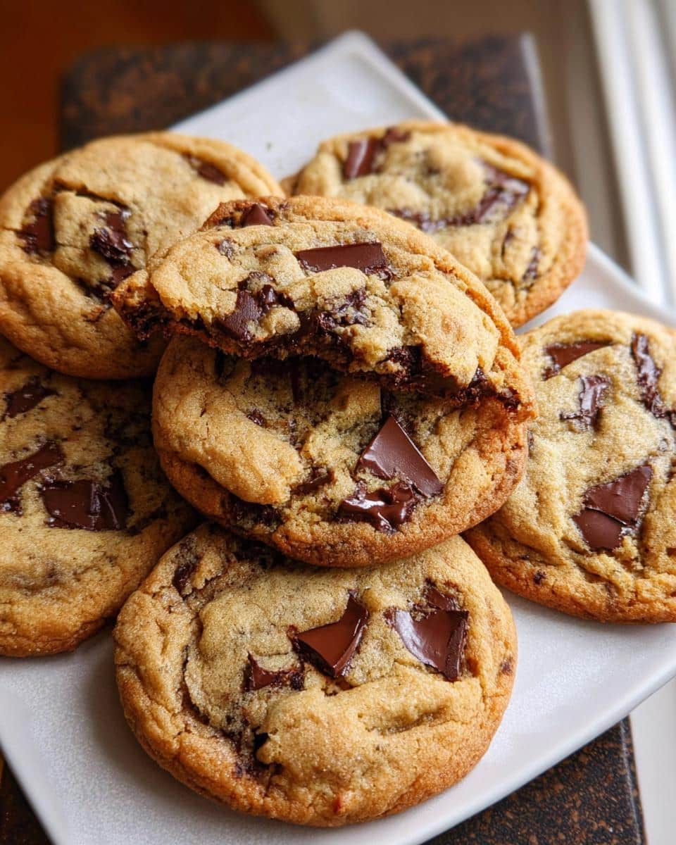 A stack of freshly baked Brown Butter Chocolate Chip Cookies, one broken open to show the gooey center.
