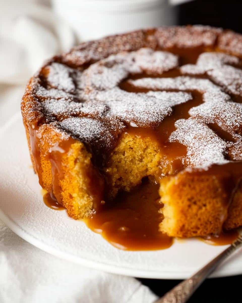 Close-up of a warm Butterscotch Self-Saucing Pudding Thermomix with a piece removed, covered in sauce and icing sugar.