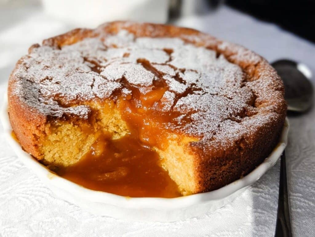 A golden baked Butterscotch Self-Saucing Pudding Thermomix with a section removed showing rich, molten butterscotch sauce.