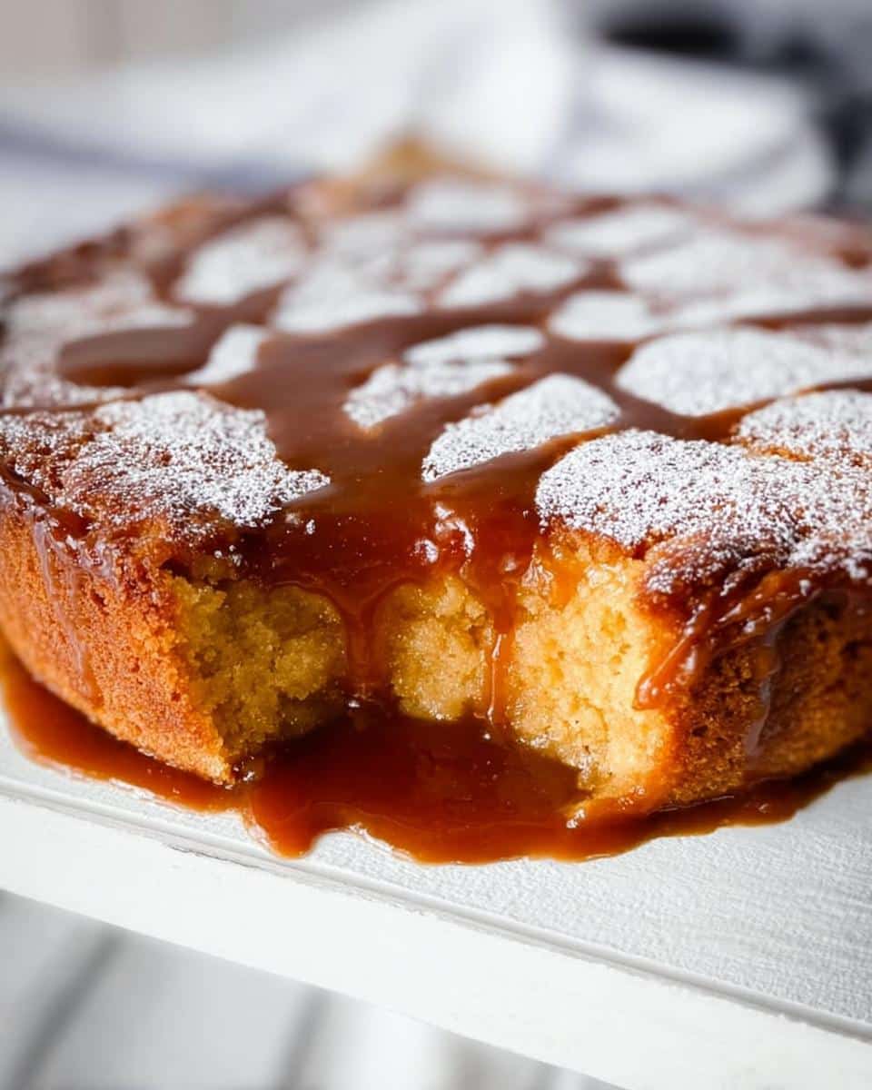 Close-up of a moist Butterscotch Self-Saucing Pudding Thermomix dessert oozing sauce and dusted with powdered sugar.