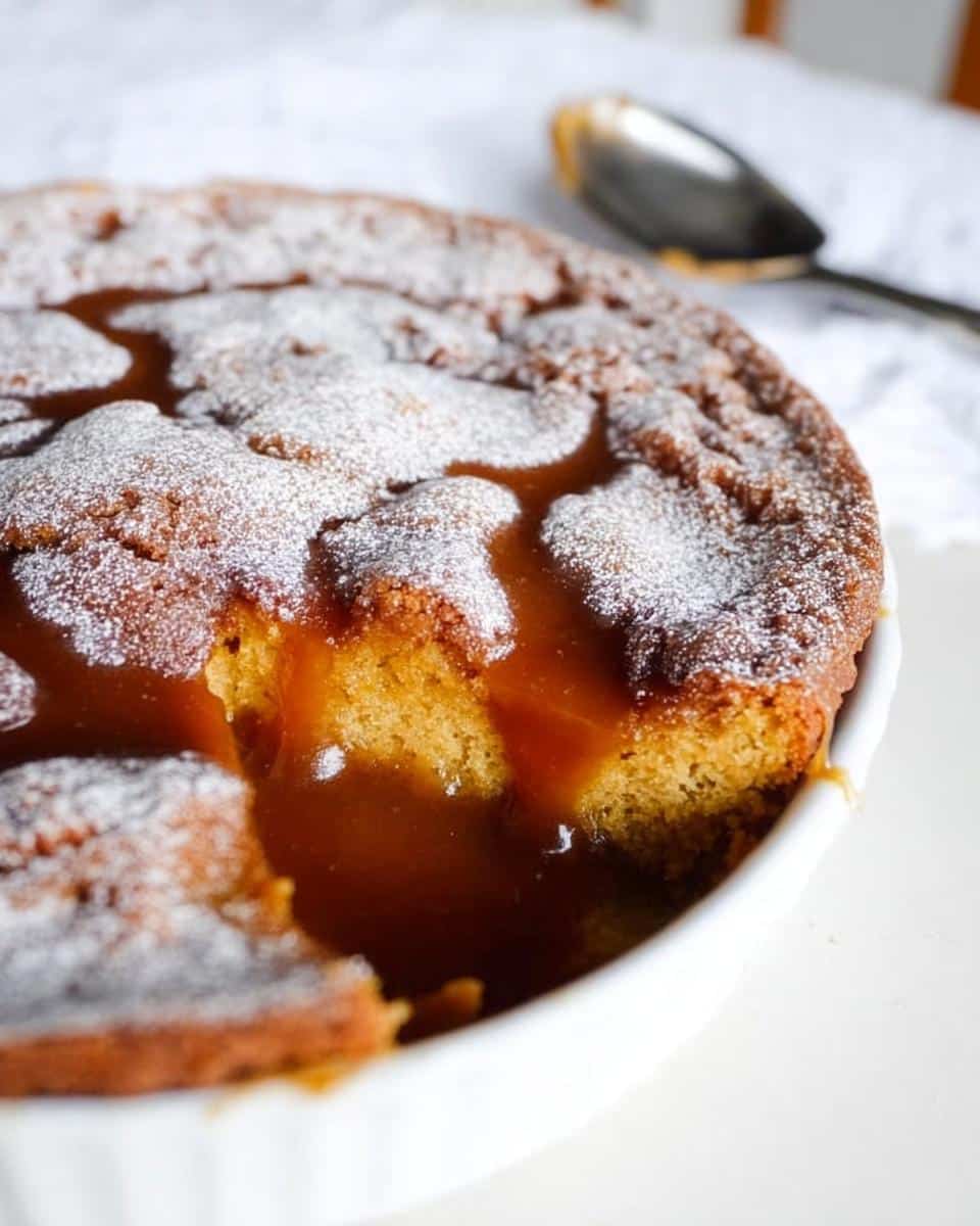 A warm, golden Butterscotch Self-Saucing Pudding Thermomix dessert with rich sauce pooling around a scooped section, dusted with powdered sugar.