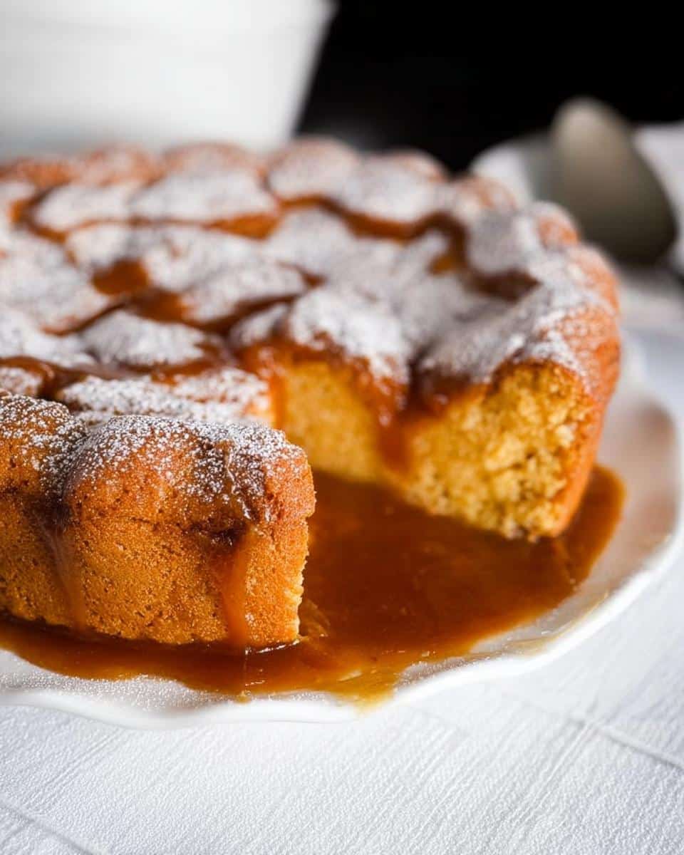 A slice removed from a warm Butterscotch Self-Saucing Pudding Thermomix, covered in rich sauce and powdered sugar.