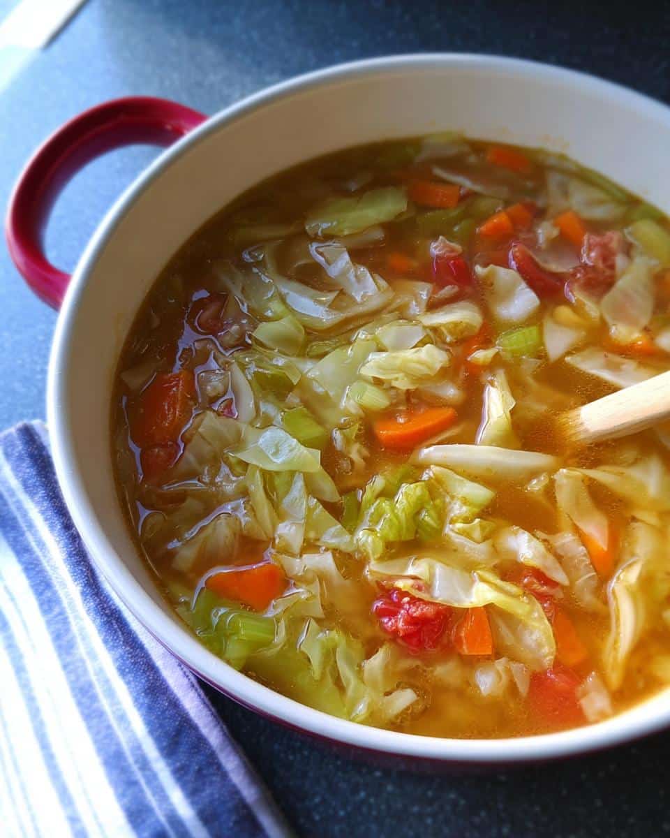 Close-up of a bowl filled with chunky Cabbage Detox Soup featuring cabbage, carrots, and tomatoes in a savory broth.