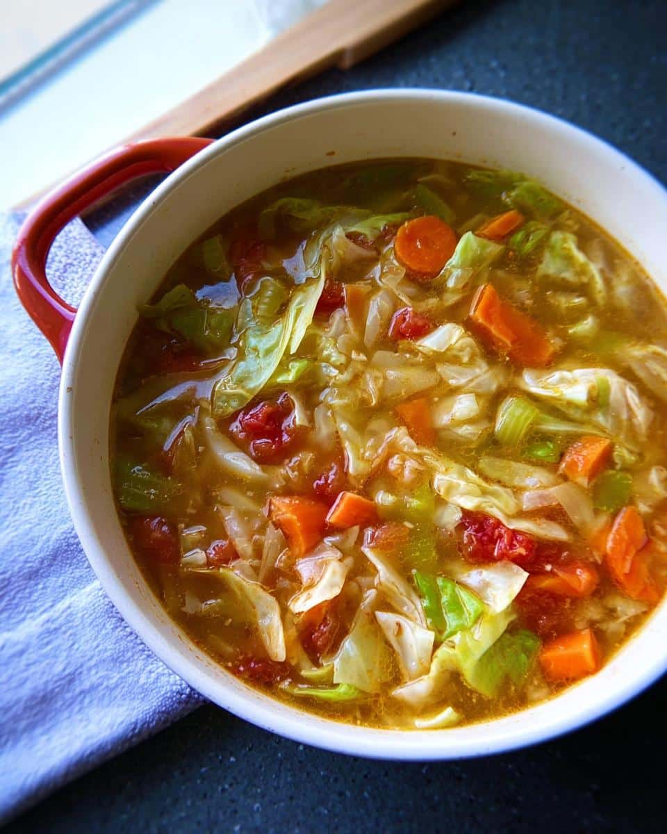 Close-up of a bowl of Cabbage Detox Soup filled with cabbage, carrots, and tomatoes in a savory broth.