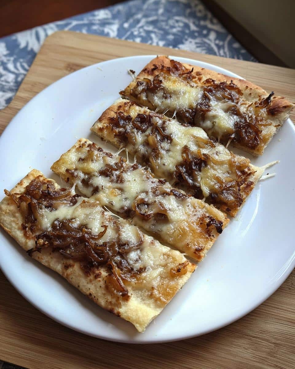 Four rectangular slices of Caramelized Onion & Gruyère Flatbread topped with melted cheese and sweet onions.