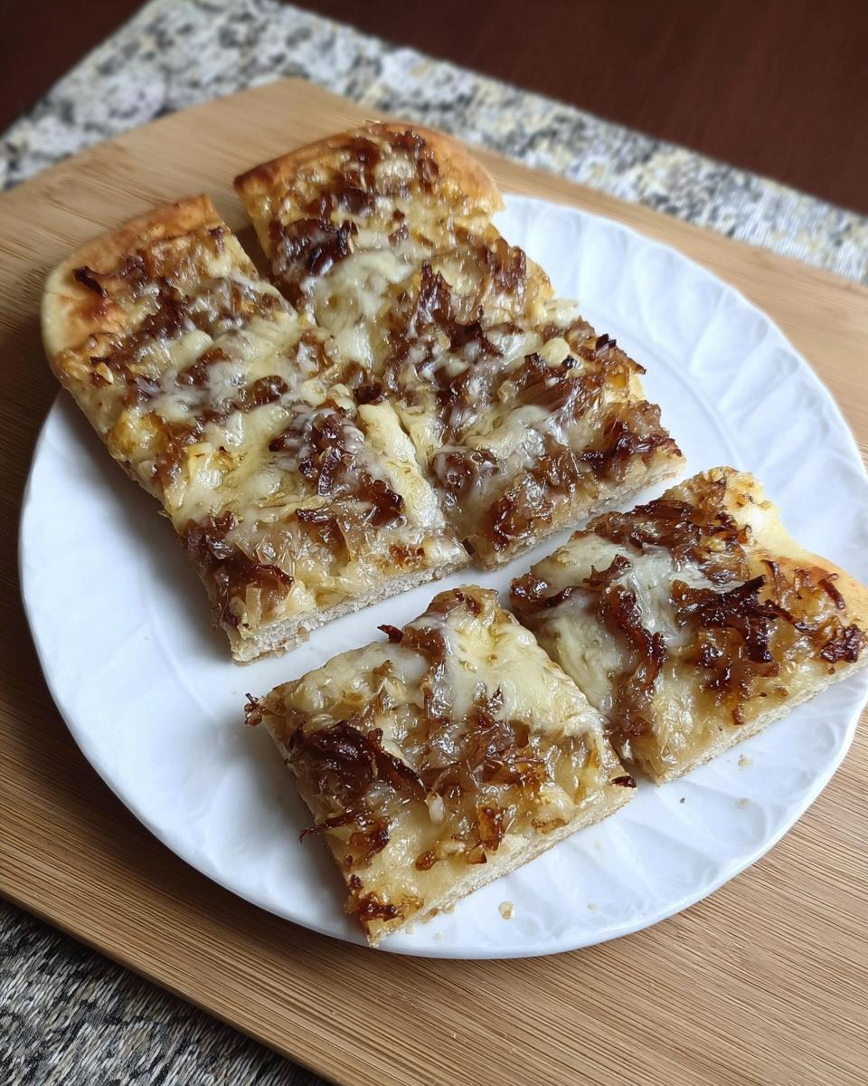 Four square slices of Caramelized Onion & Gruyère Flatbread topped with melted cheese and dark onions on a white plate.