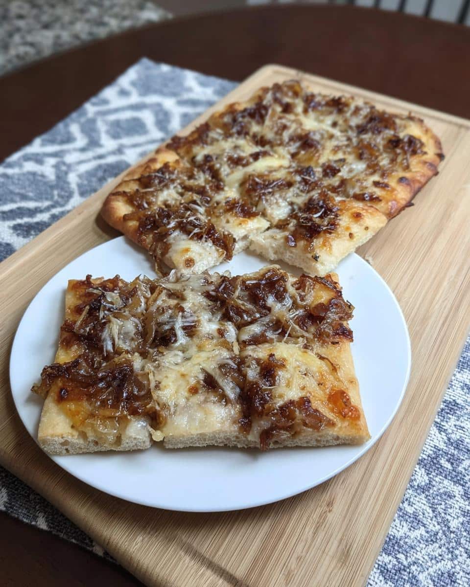 Two slices of Caramelized Onion & Gruyère Flatbread served on a white plate, with the rest of the flatbread visible behind it.